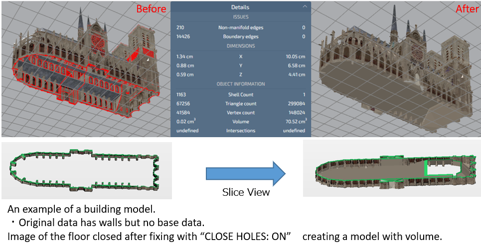 An example of a building model.
Original data has walls but no base data.
Image of the floor closed after fixing with "CLOSE HOLES: ON" creating a model with volume.