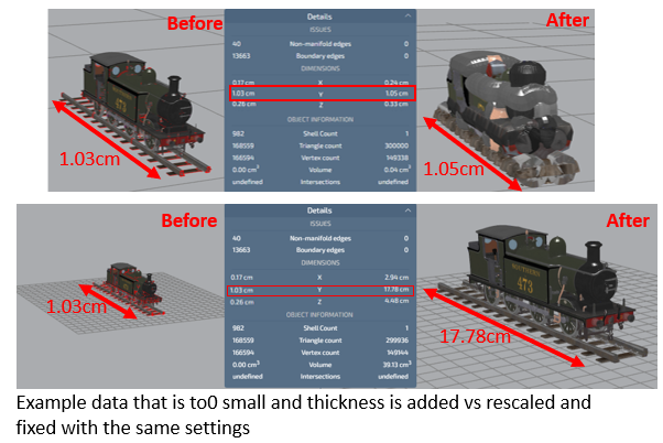 Example data that is to0 small and thickness is added vs rescaled and fixed with the same settings