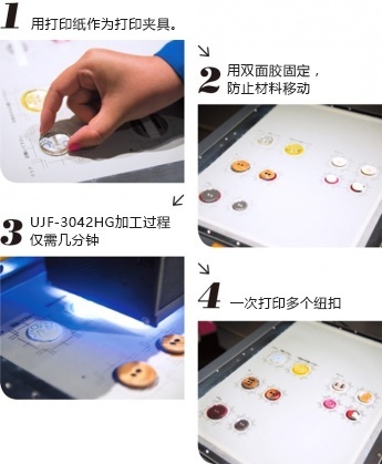 1用打印纸作为打印夹具。2 用双面胶固定，防止材料移动。3 UJF-3042HG加工过程仅需几分钟。4 一次打印多个纽扣。
