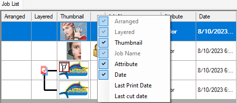 Right-clicking a column in the [Job List] window displays a pop-up menu.
