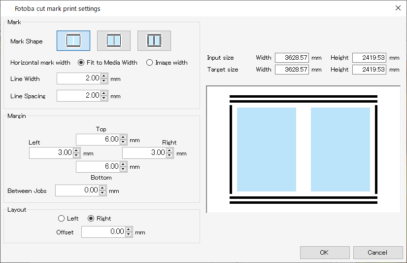 Fotoba cut mark settings dialog