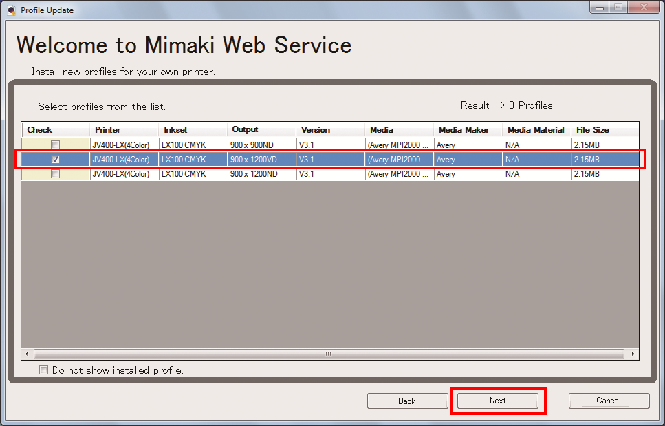 Device profile selection screen for Profile Update