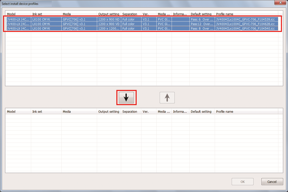 Device profile selection screen for Profile Manager