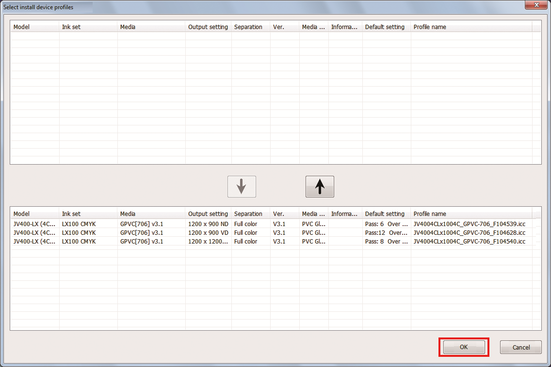 Device profile selection completion screen of Profile Manager