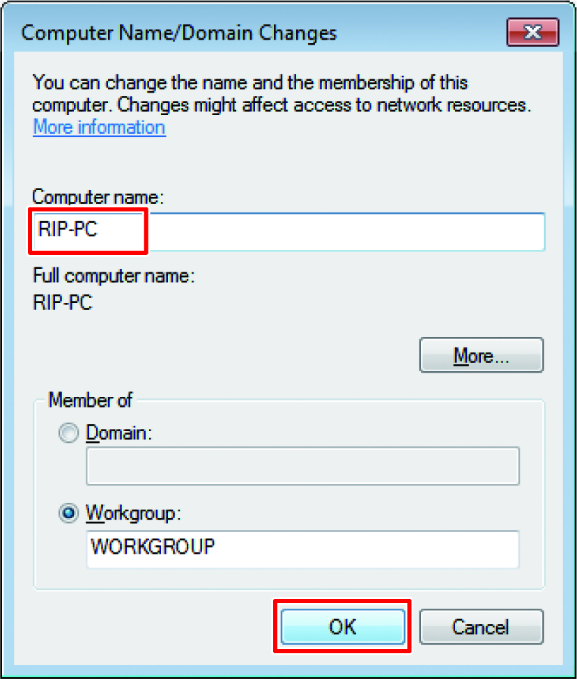 Change computer name/domain name screen