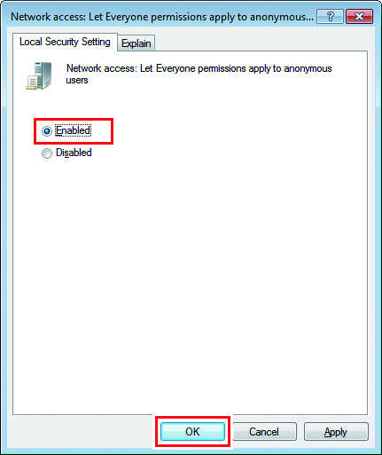 Network Access: Apply Everyone's permissions to anonymous users screen