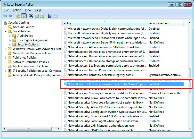 Local Security Policy screen