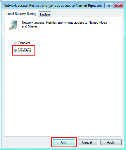 [Network access: Restrict anonymous access to Named Pipes and Shares] screen