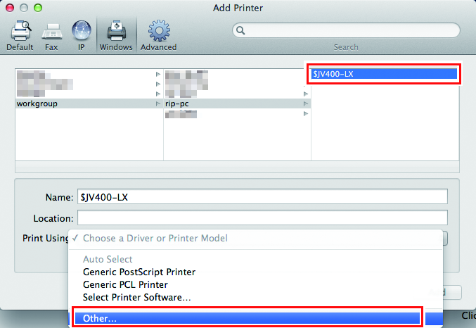 Add Printer screen with [Other] selected from the [Print Using] menu